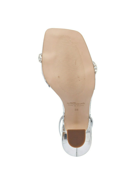 Patent Leather Women's Sandals with Strass & Laces Silver with Thin High Heel