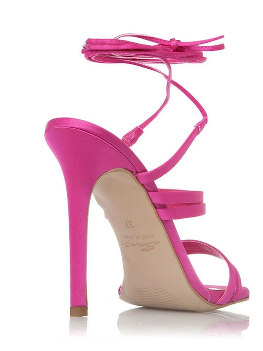 Fabric Women's Sandals with Laces Fuchsia with Thin High Heel