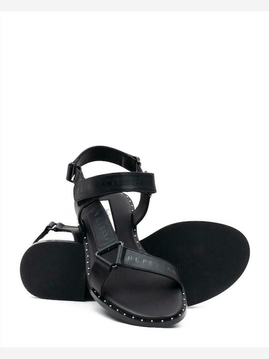 Hayes Logo Leather Women's Flat Sandals with Strap in Black Color