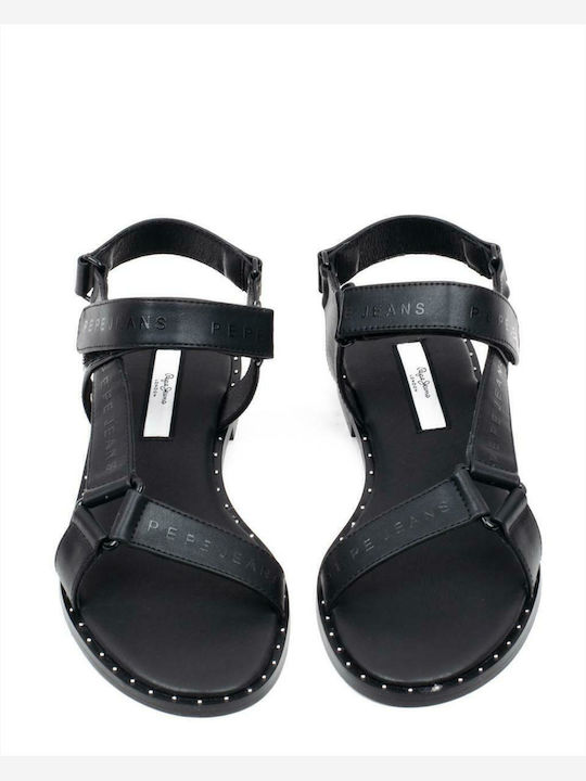 Hayes Logo Leather Women's Flat Sandals with Strap in Black Color