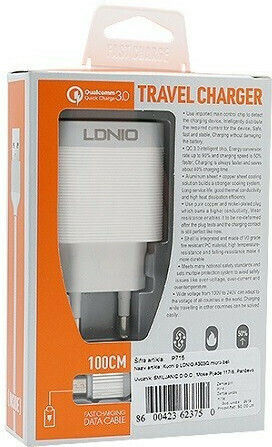 Ldnio с USB-A порт и кабел Lightning 18W Quick Charge 3.0 Бял (A303Q)