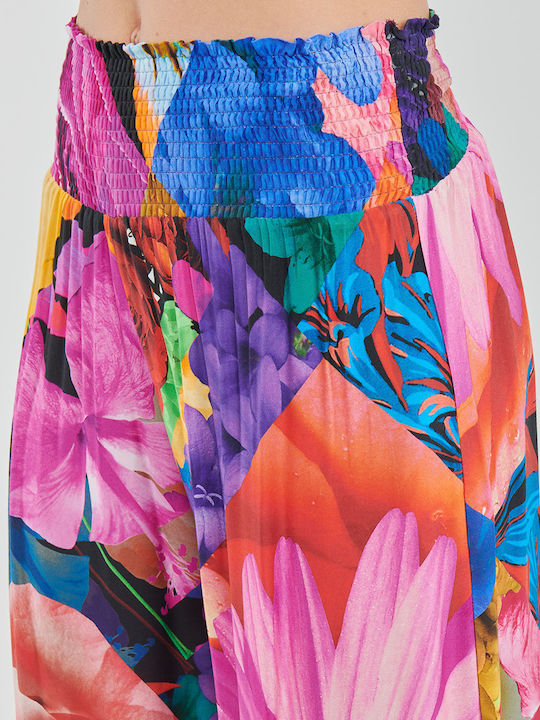 Marsella Women's High-waisted Fabric Trousers with Elastic in Palazzo Fit Floral