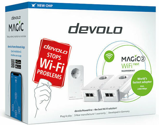 Devolo Magic 2 WiFi next Powerline Triple Kit Wi‑Fi 5 with Passthrough Socket and 2 Gigabit Ethernet Ports
