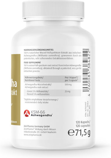 Zein Pharma Ashwagandha Extrakt KSM-66 500mg 120 Kapseln