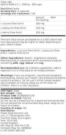 Haya Labs BCAA 2:1:1 500mg 200 Κάψουλες