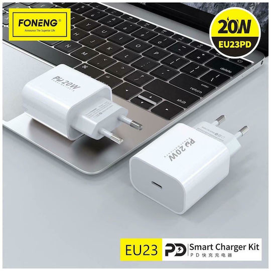 Foneng Ladegerät ohne Kabel mit USB-C Anschluss 20W Stromlieferung Weißs (EU23)