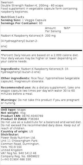 Swanson Double Strength Razberi-K 200mg 60 veg. caps