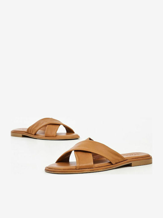 Leather Women's Flat Sandals in Tabac Brown Color