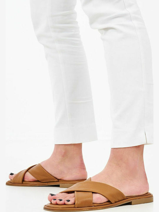 Leather Women's Flat Sandals in Tabac Brown Color