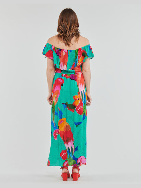 Desigual Maxi Καλοκαιρινό All Day Φόρεμα Off-Shoulder Τιρκουάζ