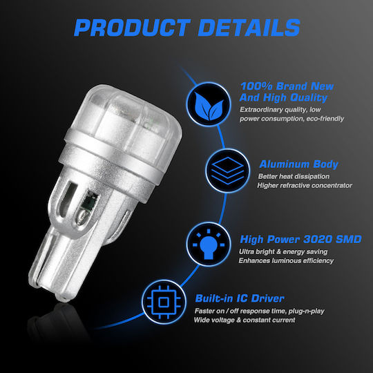 NovSight Lamps Car & Motorcycle T10 LED 6500K Cold White 12V 3W 2pcs