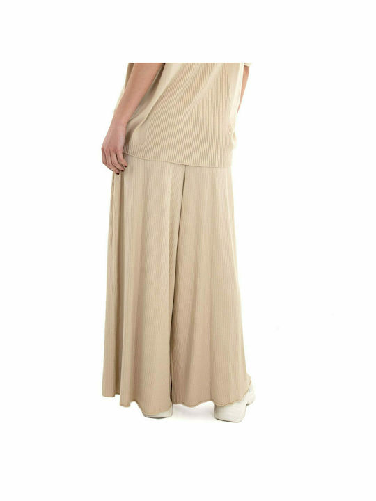 Moutaki Damen Hochtailliert Stoff Palazzo-Hose mit Gummizug Beige