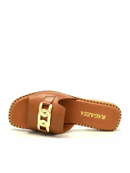 Leather Women's Flat Sandals in Tabac Brown Color