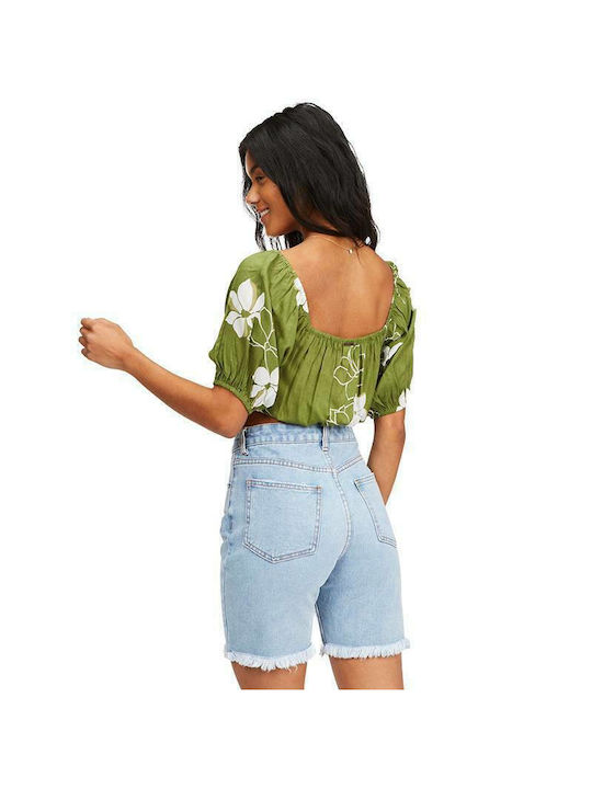 Billabong Sun City Women's Summer Crop Top Short Sleeve Floral Khaki