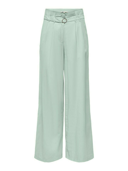 Wide Women's High-waisted Fabric Trousers in Paperbag Fit Green