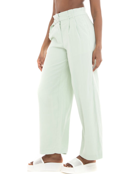 Wide Women's High-waisted Fabric Trousers in Paperbag Fit Green