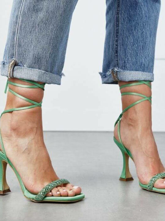 Sante Fabric Women's Sandals with Strass & Laces Green with Chunky High Heel