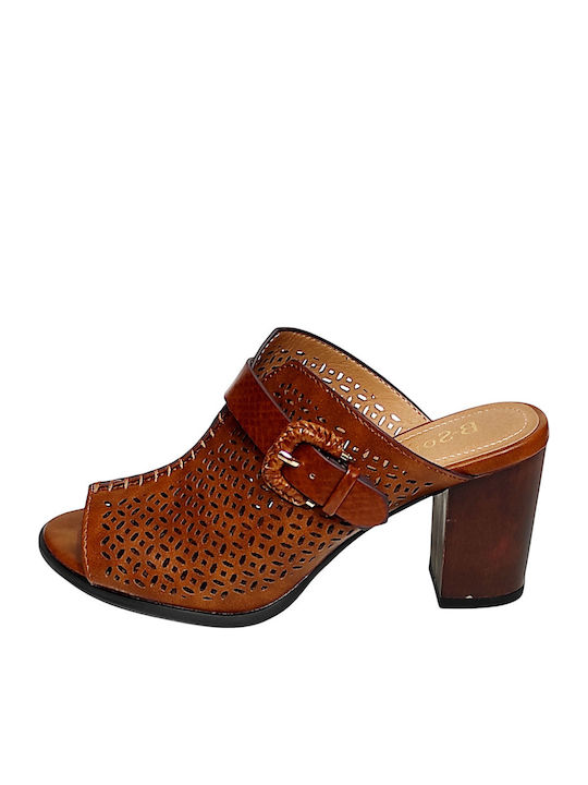 Mules with Chunky High Heel in Brown Color