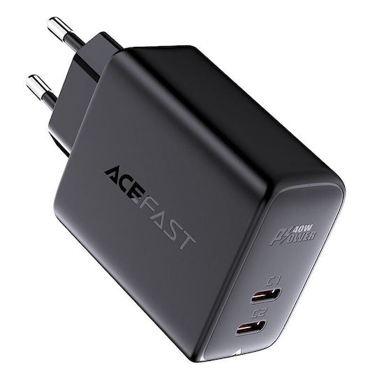 Acefast Ladegerät ohne Kabel mit 2 USB-C Anschlüsse 40W Stromlieferung Schwarzs (A9)