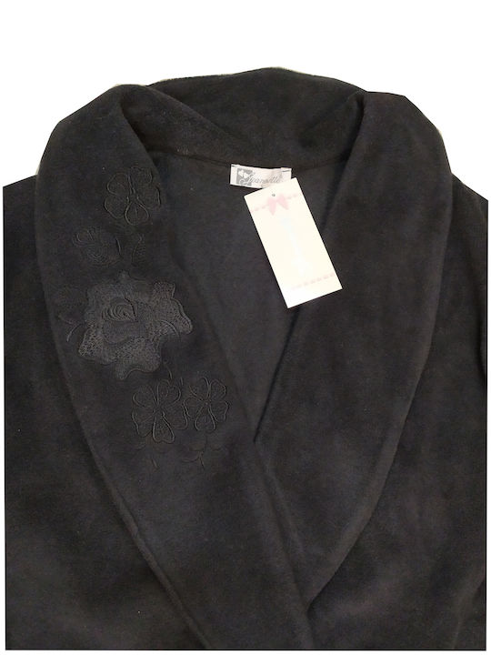 Jeannette women's fleece black crossed robe with black embroidery. (Code: 6168)