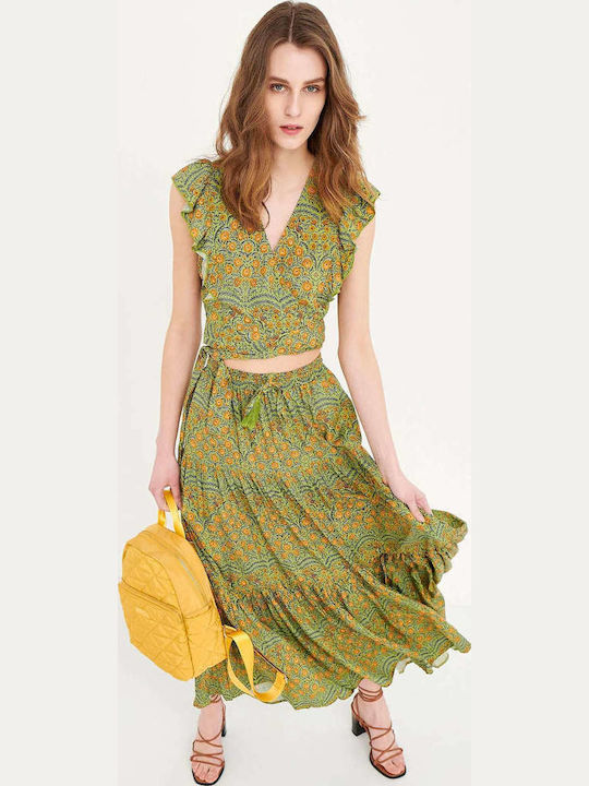Women's Summer Crop Top Sleeveless with V Neckline Floral Warm Olive