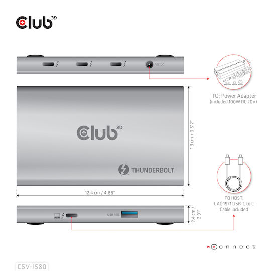 Club3D Thunderbolt 4 Stație de andocare cu 4K PD și conexiune 3 monitoare Argintiu (CSV-1580)