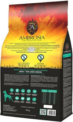 Ambrosia Fresh Turkey & Chicken Adult All Breeds 12kg Dry Food Grain Free for Adult Dogs of Large Breeds with Turkey and Chicken