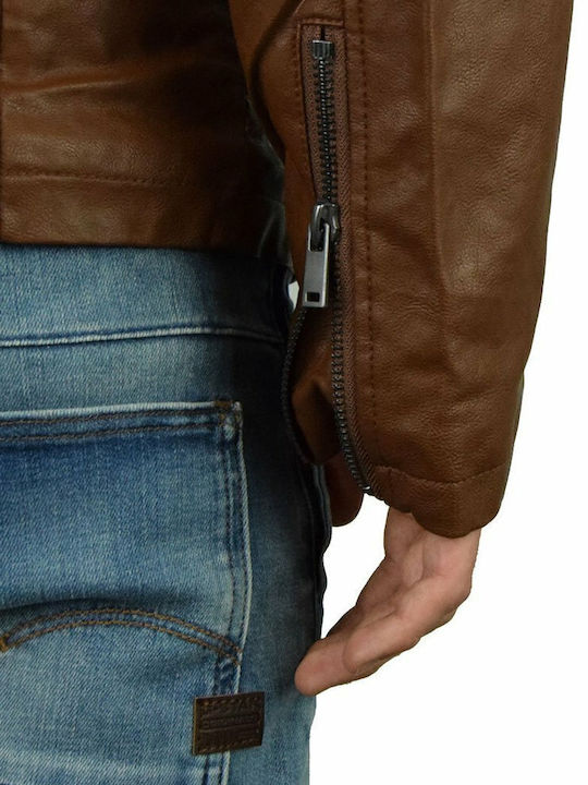 Faux Leather Jacket Biker Tabac Brown