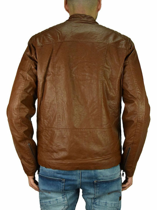 Faux Leather Jacket Biker Tabac Brown