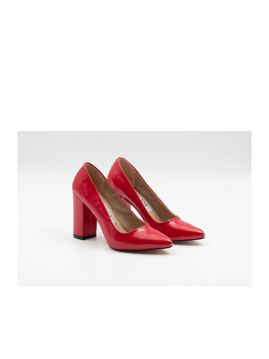 PATENT LEATHER POINTED PUMPS WITH THICK HEEL, CODE: 598-RED