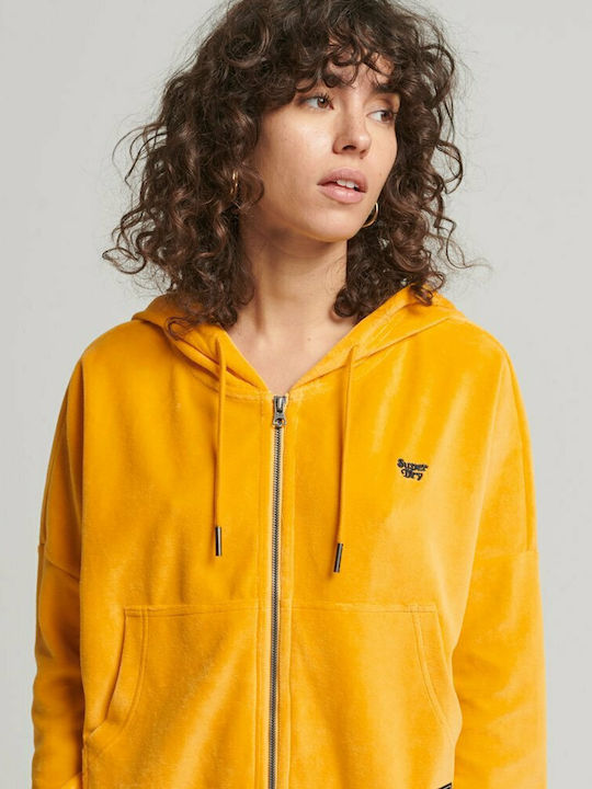 Ovin Vintage Cropped Γυναικεία Ζακέτα Φούτερ με Κουκούλα Κίτρινη