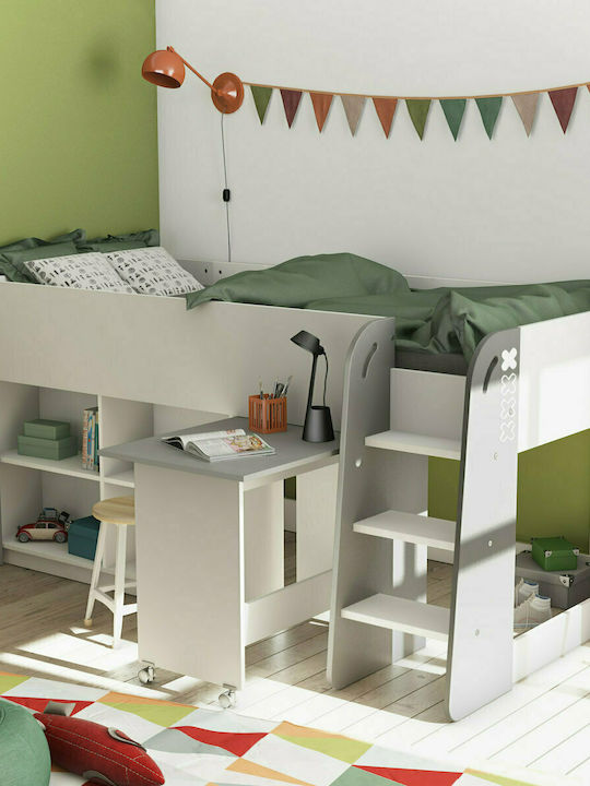 Haspen Pat pentru Copii Loft Bed Single cu Spațiu de Depozitare Alb pentru Saltea 90x200cm