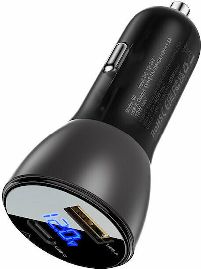 Acefast B6 Car Charger 63W 3A Fast Charging with Ports 1xUSB-A 1xType-C with Type-C Cable Black Colour