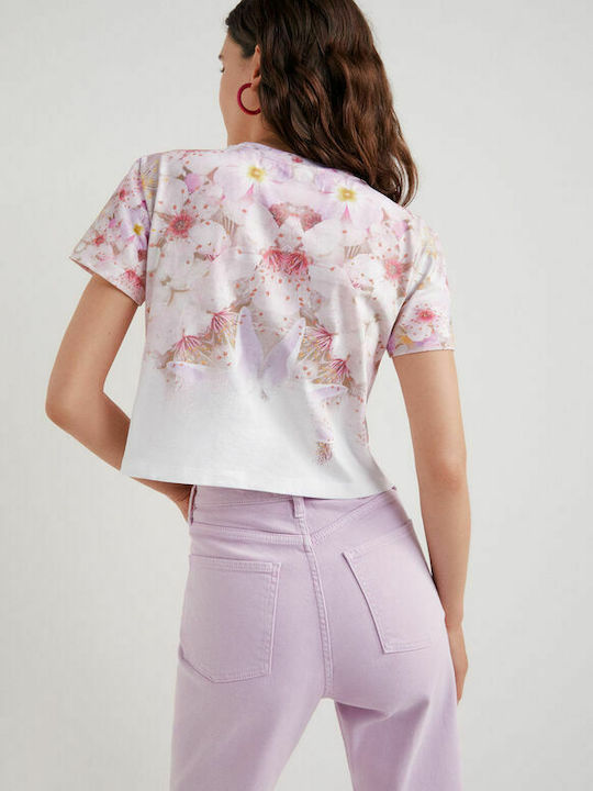 Desigual Amore Women's Summer Crop Top Cotton Short Sleeve Floral Pink