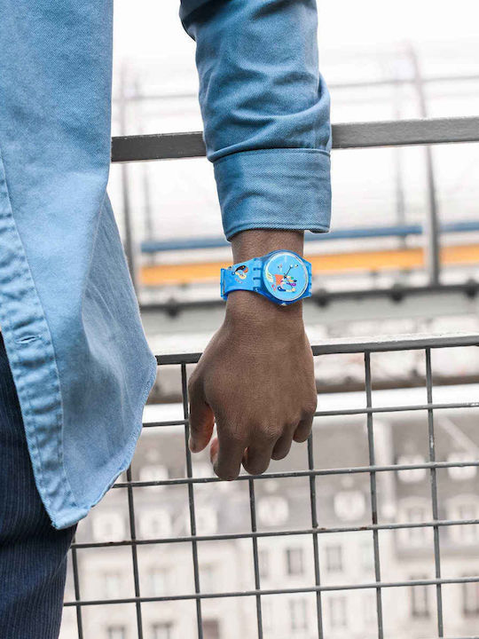 Swatch Blue Sky By Vassily Kandinsky Ανδρικό Ρολόι 41mm Μπαταρίας με Μπλε Καουτσούκ Λουράκι