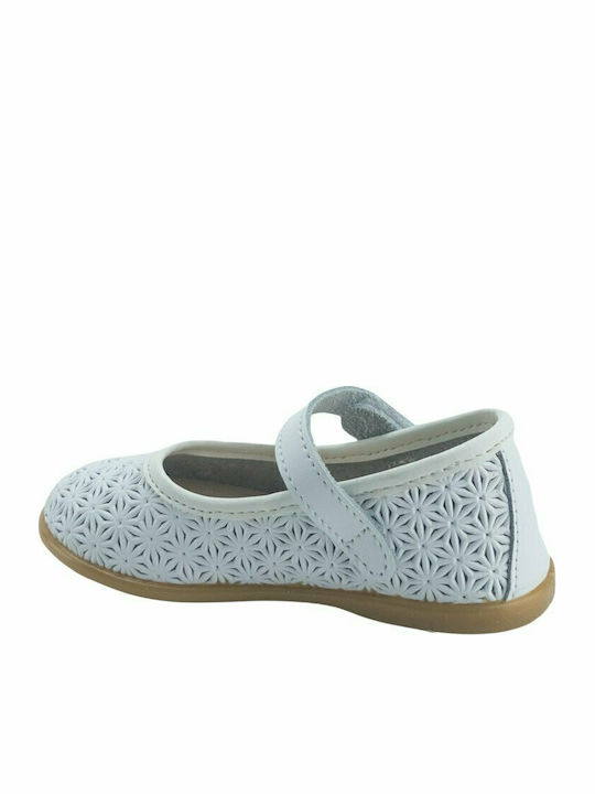 Kids Leather Ballerinas with Hoop & Loop Closure White