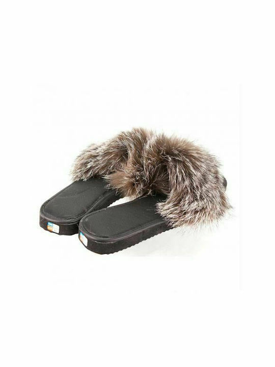 Dalis Leather-Women's Leather Slippers from Kastoria with Fox Fur-GREY