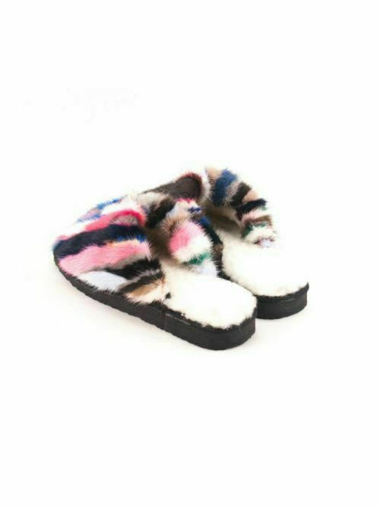 Papuci de casă Dalis Leather-Women's Leather Slippers Open, Genuine Fur Vison-MULTICOLOR