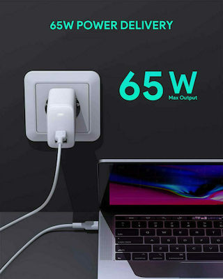 Aukey Charger Without Cable with USB-A Port and USB-C Port 65W Power Delivery White (PA-B3)