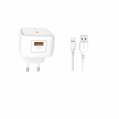 XO Charger with USB-A Port and Cable USB-C 18W Quick Charge 3.0 Whites (L59)