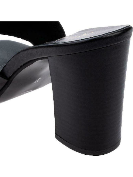 Leather Mules with Chunky High Heel in Black Color