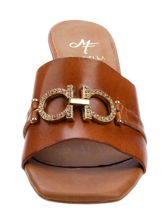 Leather Mules with Chunky High Heel in Tabac Brown Color
