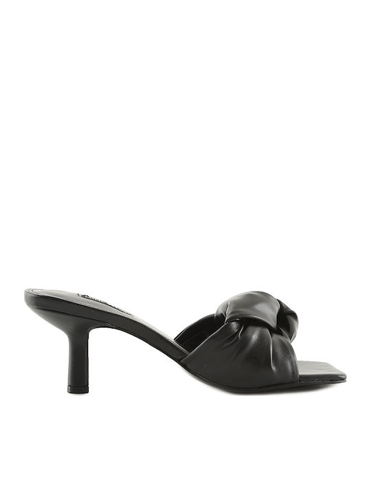 Knot3 LL Leather Mules with Thin High Heel in Black Color