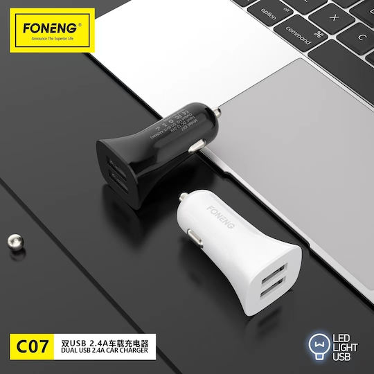 Foneng C07 Car Charger 12W 2.4A with Ports: 2xUSB Black Color