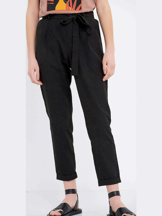 Women's High-waisted Fabric Capri Trousers with Elastic Regular Fit Black