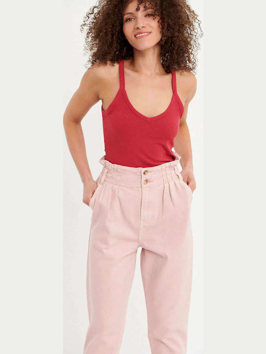 Ψηλόμεσο Γυναικείο Jean Παντελόνι σε Baggy Γραμμή Soft Pink