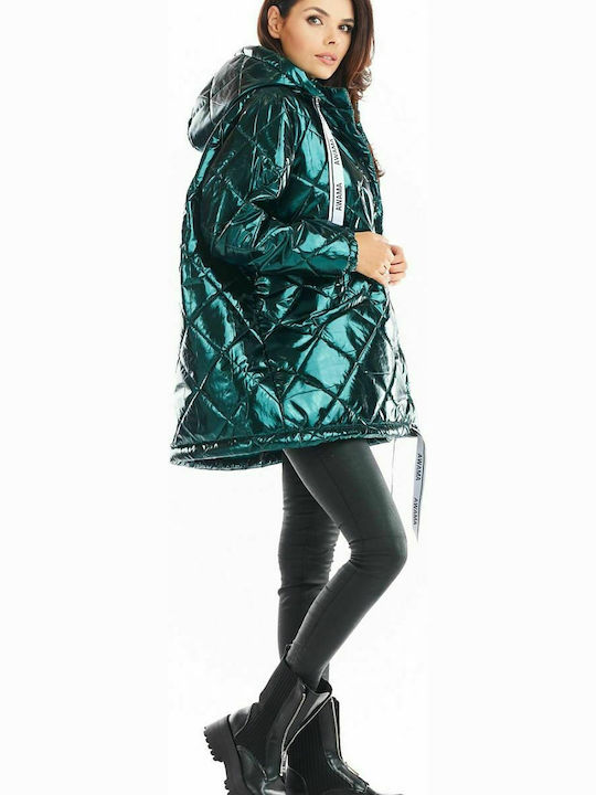 Awama Women's Long Puffer Jacket for Winter with Hood Green