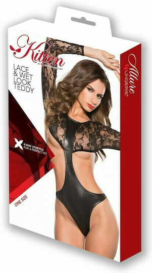 Allure Lingerie Body Din Dantelă Wet Look Teddy Kitten Negru