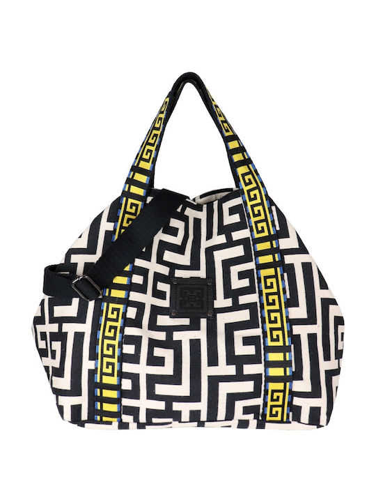 Ariadne Δερμάτινη Γυναικεία Τσάντα Tote Χειρός Beige/Black Chenille