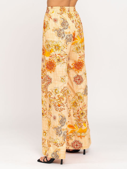 Abita Women's High-waisted Fabric Trousers with Elastic Straight Line Floral Orange